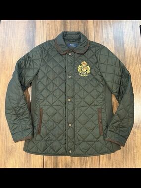 Polo by Ralph Lauren Quilted Olive Green Crest Jacket with Brown Trim